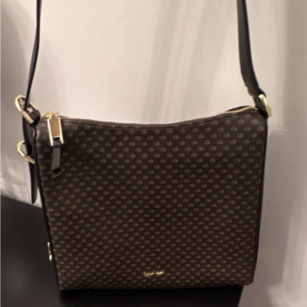 Calvin Klein Brown Monogram Crossbody with Gold Accents